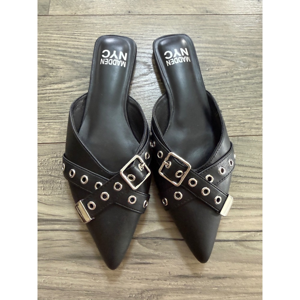 Madden NYC Mules Womens 6 Black Pointed Toe Grommet Buckle Flat Like New
